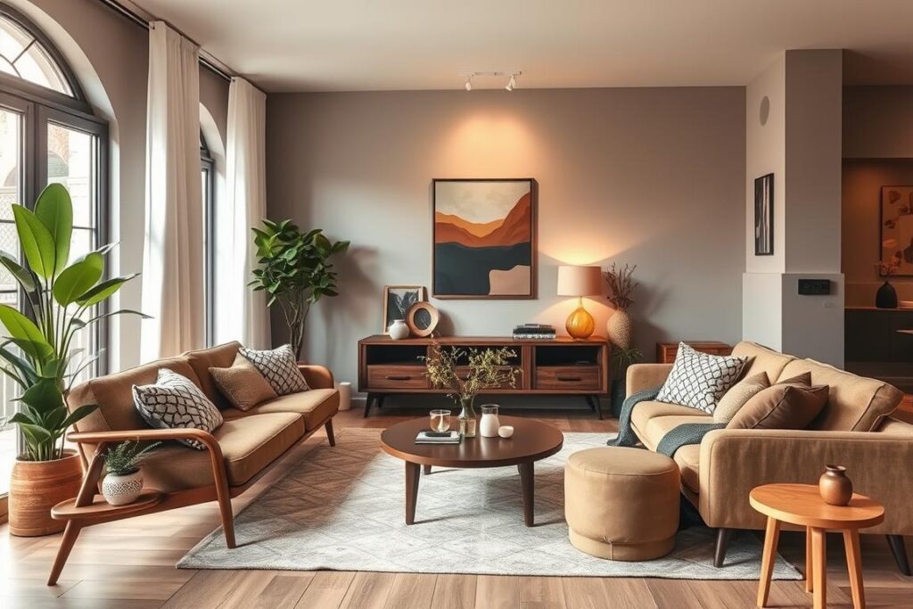 A well-lit, stylish living room showcases the latest home decor trends. Elegant mid-century modern furniture in earthy tones complements the warm ambient lighting. Lush, verdant plants and natural wood accents add a touch of organic warmth. Tasteful wall art and sophisticated textiles create a harmonious, inviting atmosphere. The room's design radiates the essence of "O Meu Lar perfeito", reflecting the most current and fashionable interior decoration styles.